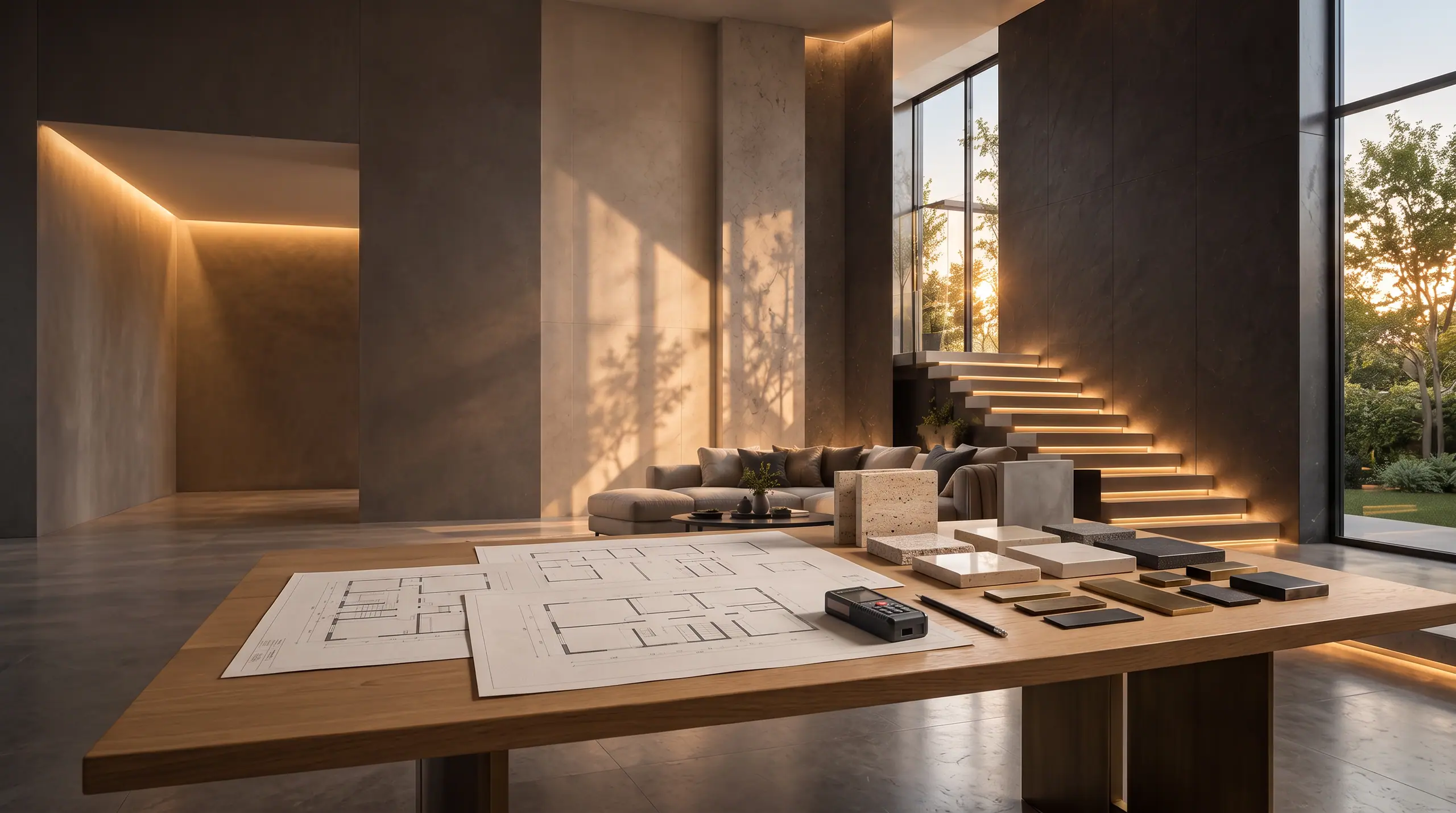 A visualisation: a spacious interior with large windows, light walls and a wooden floor
