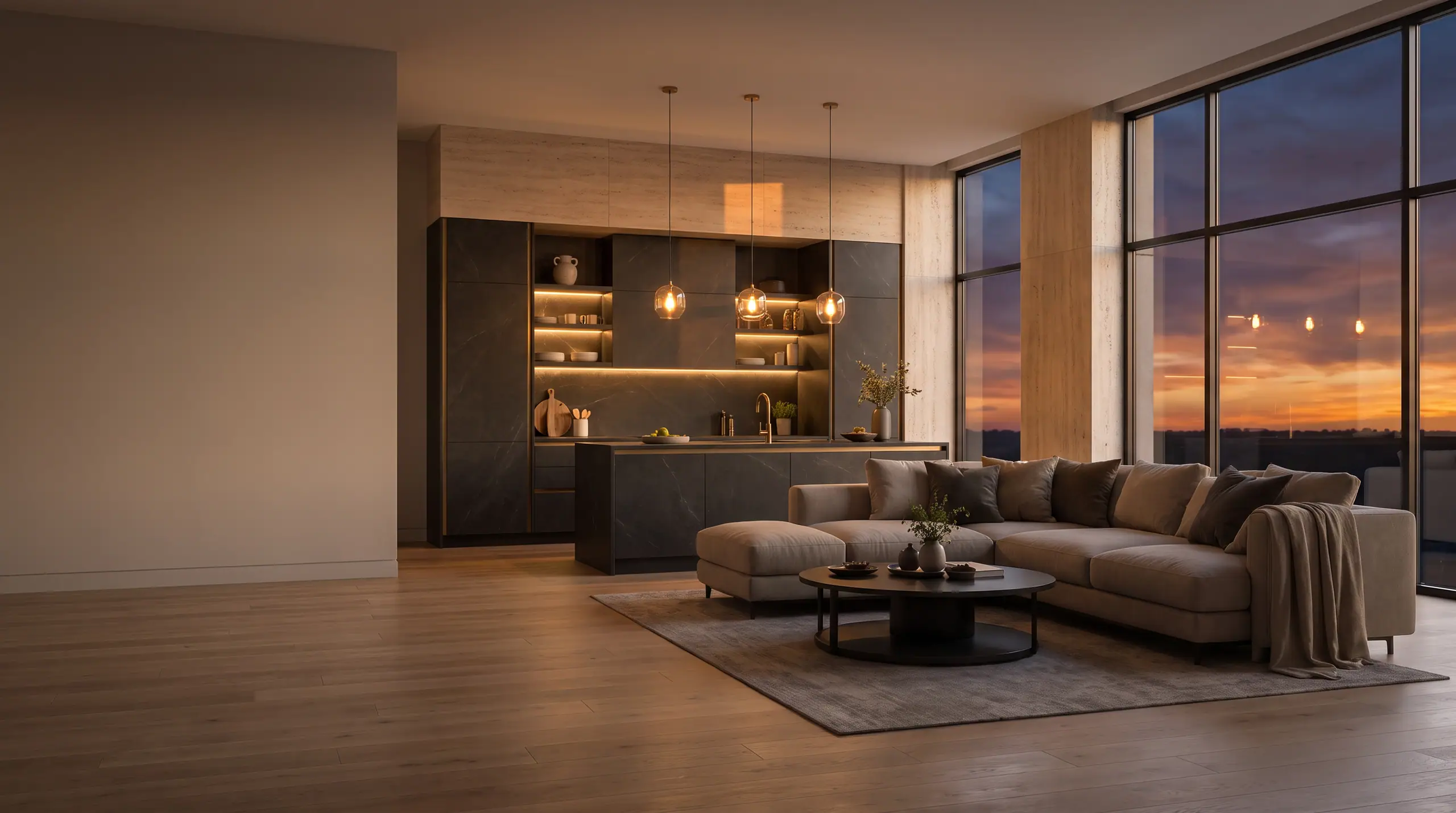A finished living and dining room: a light corner sofa, a wooden floor and a glazed wall.