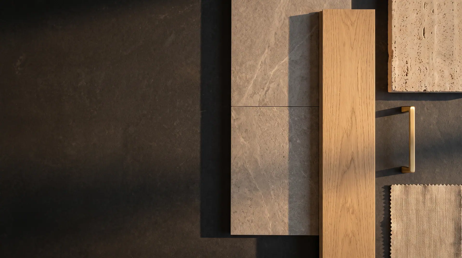 Finishing material samples: stone, wood and veneers.