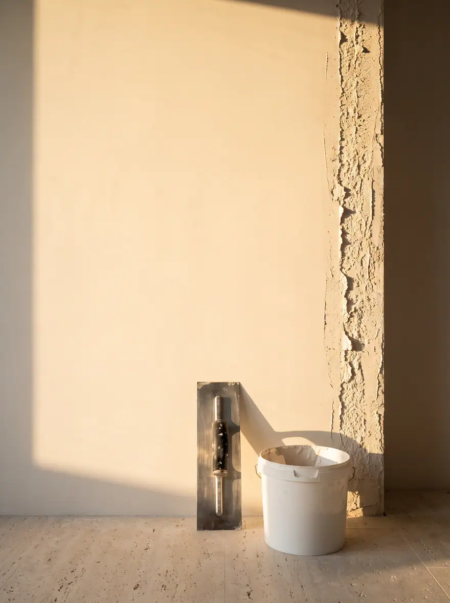 A smooth, pale wall in warm light, with a trowel and a bucket of compound beside it.