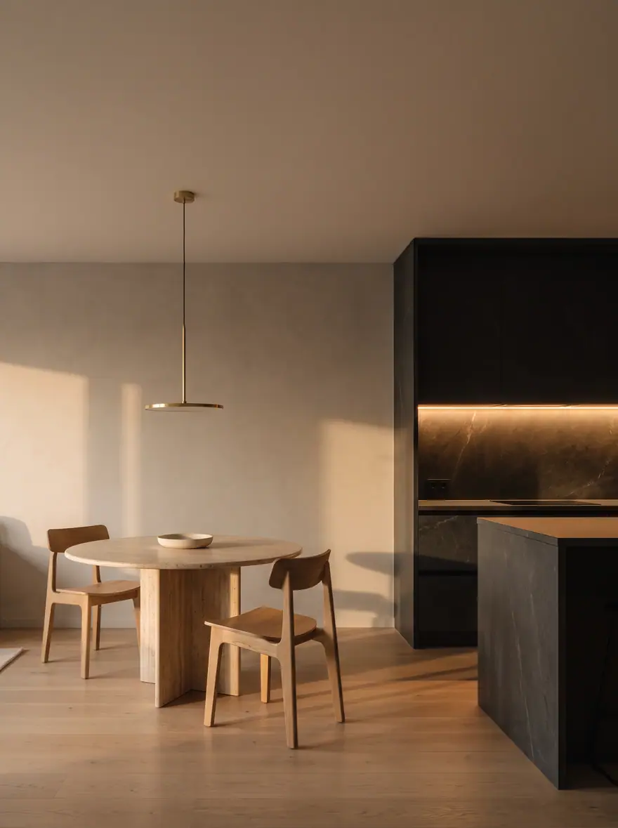 A dining area with a wooden table and chairs and a pendant lamp above it.
