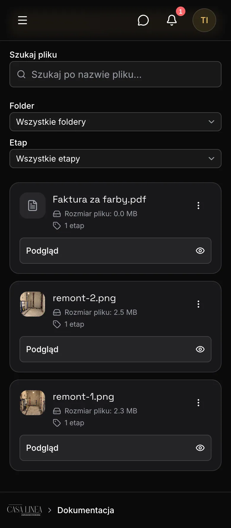Zrzut ekranu Renoview na telefonie: dokumentacja projektu z wyszukiwarką, filtrem folderów i filtrem etapów. Dane przykładowe.