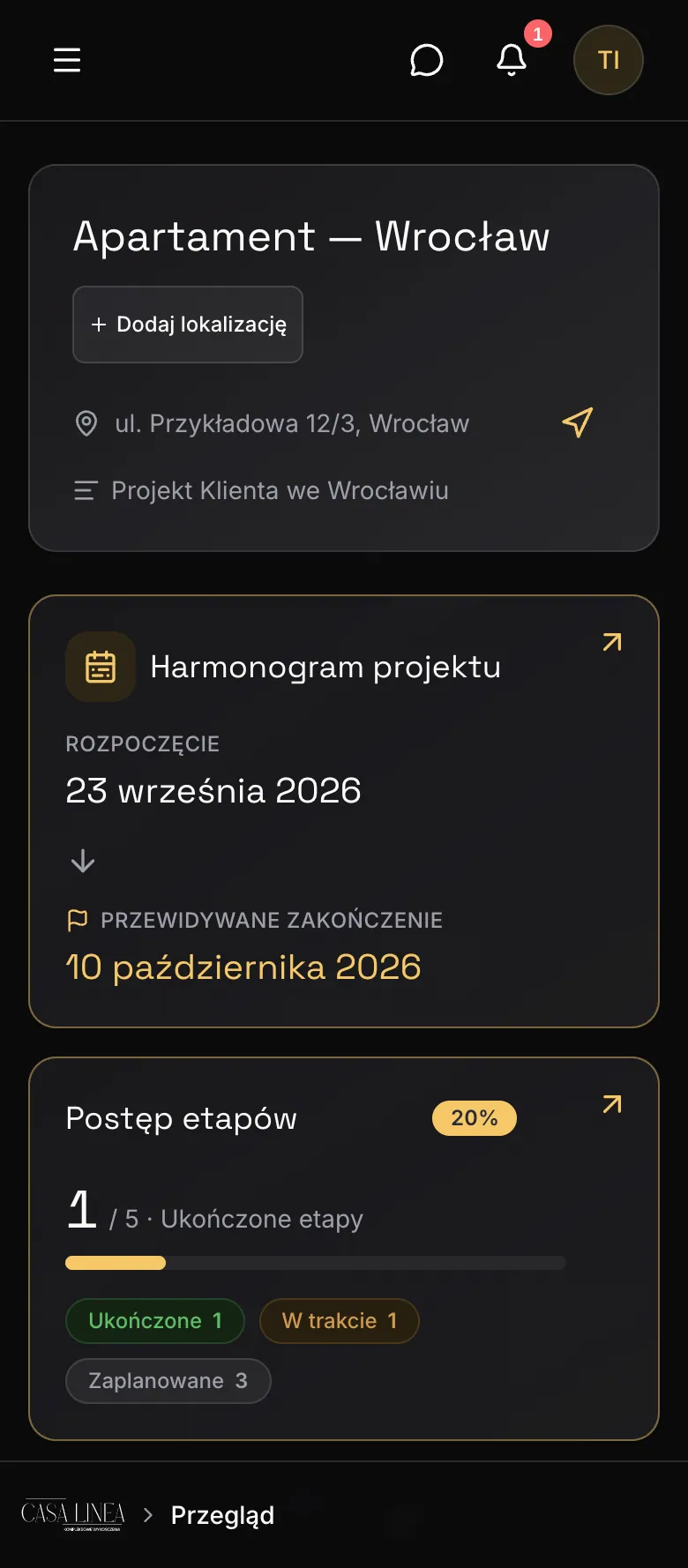 Screenshot of Renoview on a phone: renovation progress as the client sees it, with dates and a count of completed stages. Sample data.