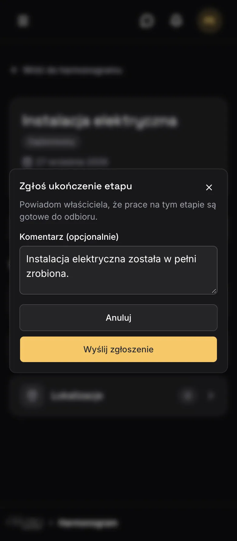 Zrzut ekranu Renoview na telefonie: podwykonawca zgłasza ukończenie etapu i dodaje komentarz. Dane przykładowe.