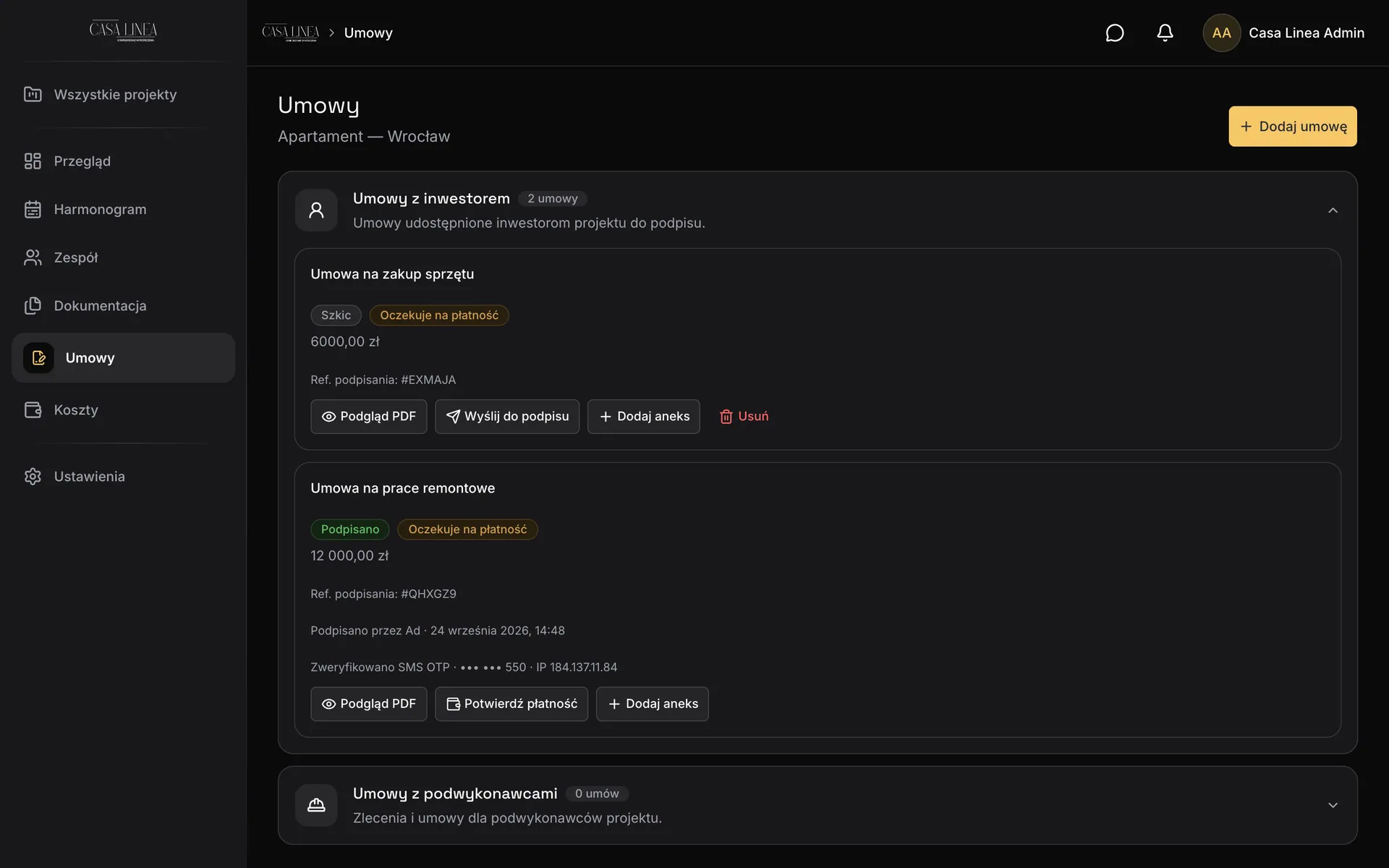 Zrzut ekranu Renoview: ekran umów w panelu właściciela, ze statusem podpisu SMS i płatności. Dane przykładowe.