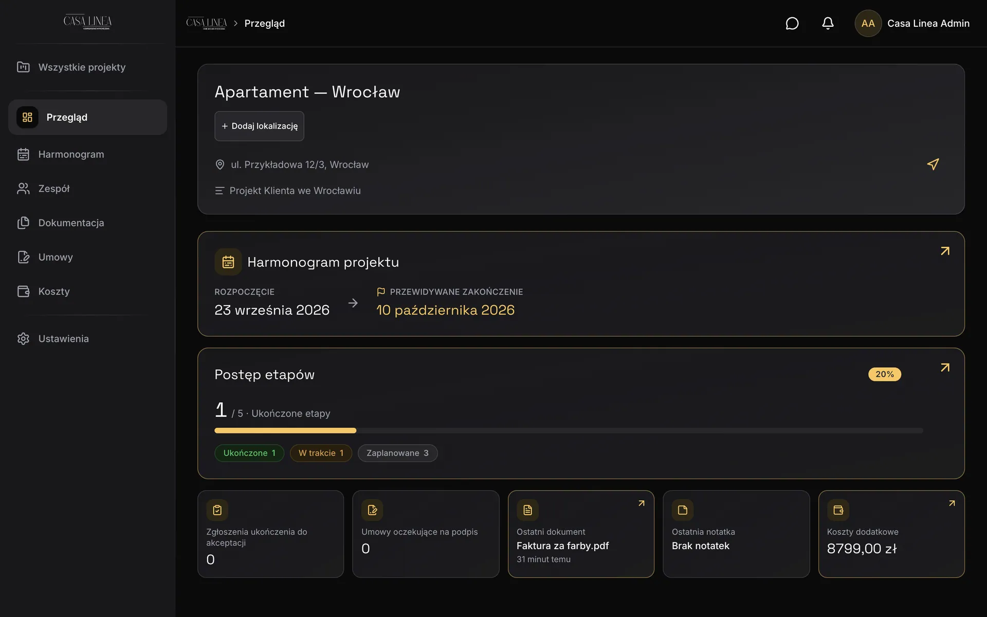 Screenshot of Renoview: the project overview in the owner cockpit, with dates, stage progress and cards for pending items. Sample data.